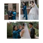 Ảnh ghép khoảnh khắc cô dâu chú rể cùng bố mẹ trong First Look.