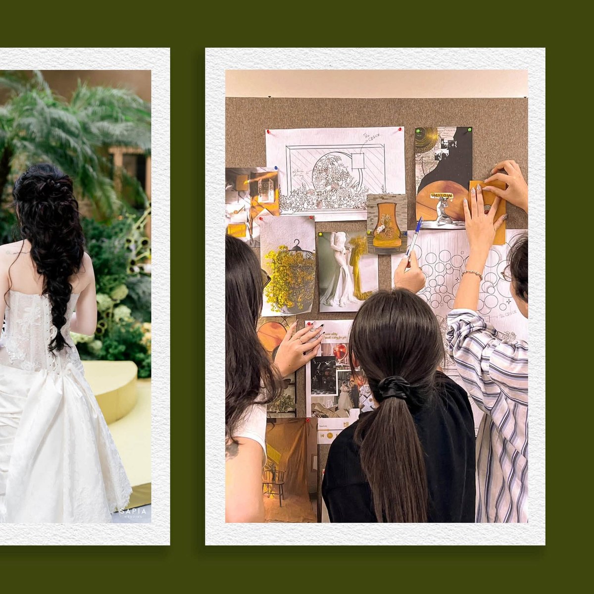 Wedding Planner cùng cô dâu và ekip xem bảng ý tưởng khi chuẩn bị đám cưới
